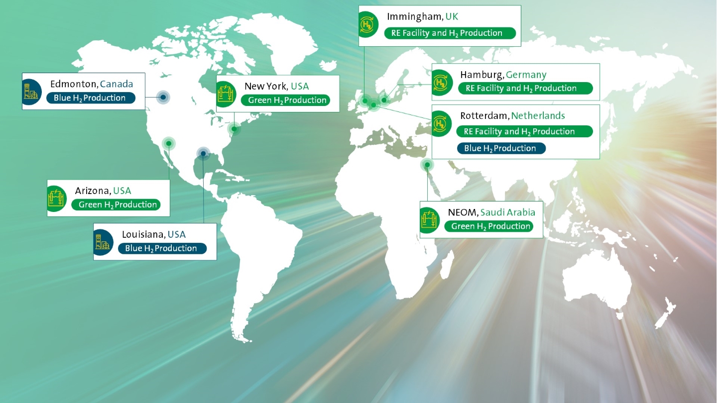 Map showing locations of Air Products' clean hydrogen projects: Edmonton, Canada-blue hydrogen production | New York-green hydrogen production | Arizona-green hydrogen production | Louisiana-blue hydrogen production | Immingham, UK-RE terminal and hydrogen production | Hamburg, Germany-RE terminal and hydrogen production | Rotterdam, Netherlands-RE terminal and hydrogen production, blue hydrogen production | NEOM, Saudi Arabia-green hydrogen production